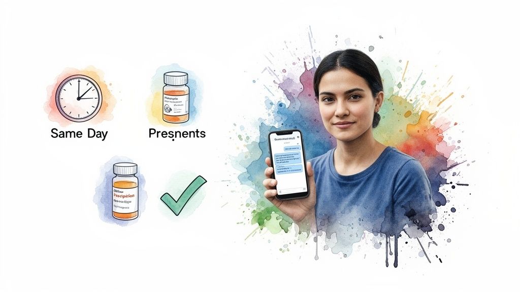 A young woman holding a smartphone, with illustrations of same-day prescription delivery and medicine bottles.