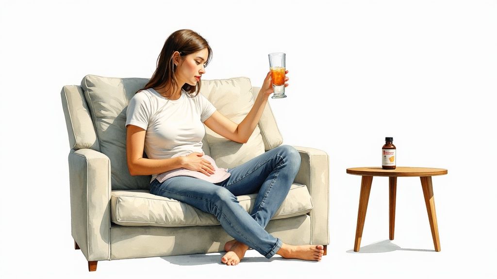 Woman on a sofa holding a drink, soothing abdominal discomfort, with a remedy bottle nearby.
