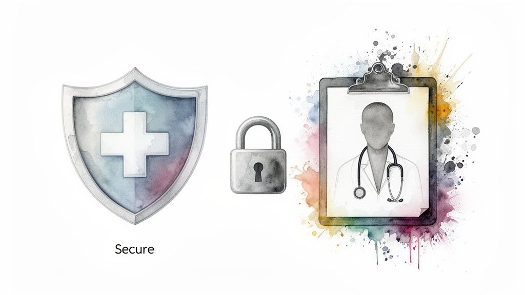 A shield with a medical cross, padlock, and doctor's image symbolizing secure medical data.