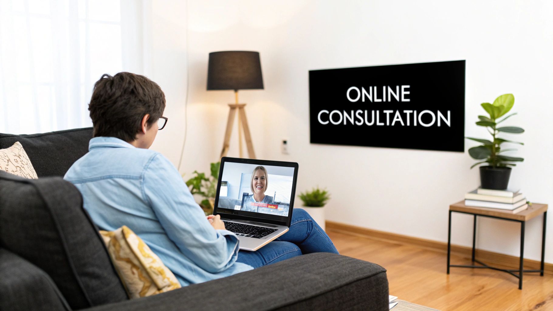 A person on a sofa having an online video consultation on a laptop, with 'ONLINE CONSULTATION' on a TV.