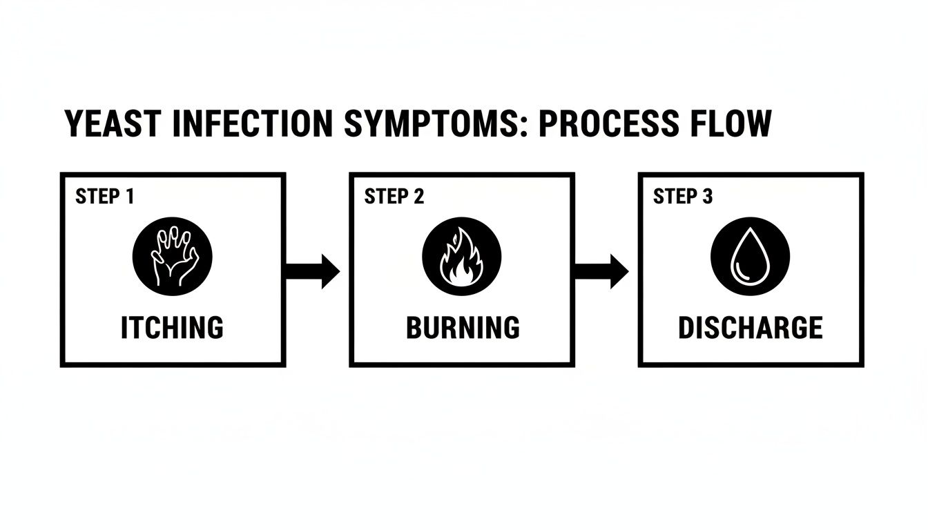 A three-step process flow illustrating common yeast infection symptoms: itching, burning, and discharge.