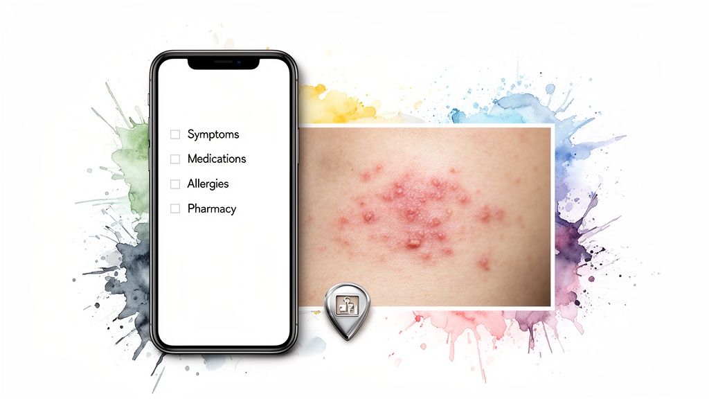 Smartphone app showing medical checklist (symptoms, medications) next to a skin rash, for online consultation.