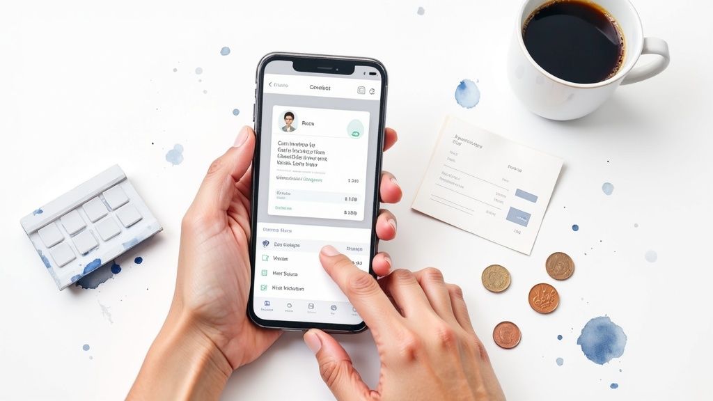 A person uses a financial app on a smartphone, surrounded by coins, a receipt, and coffee, symbolizing personal finance management.