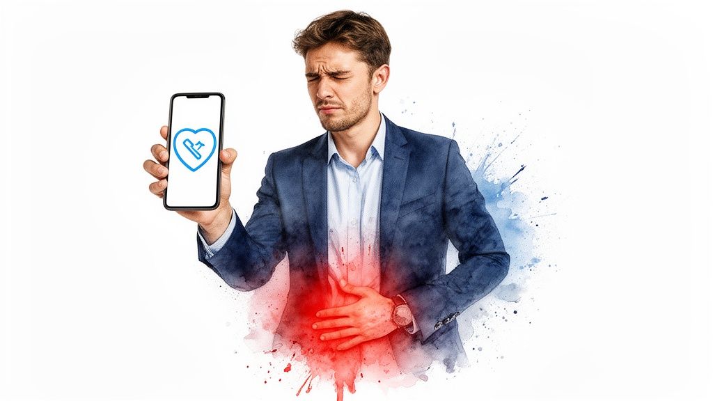 A man in a suit holds a phone with a healthcare app, clutching his stomach in pain, surrounded by watercolor splatters.
