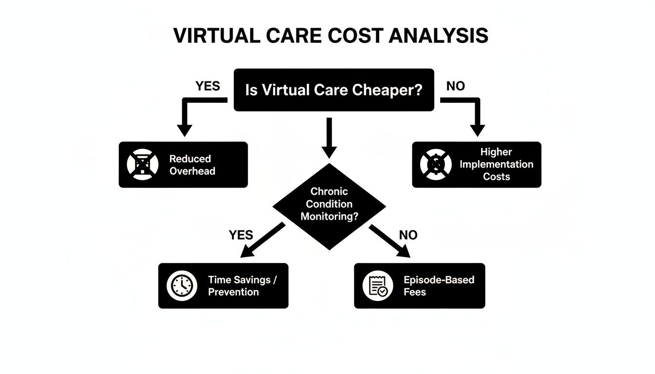 Flowchart analyzing virtual care costs, showing reduced overhead, higher implementation, chronic monitoring, time savings, and episode-based fees.