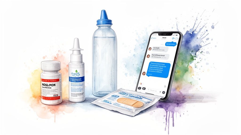 Various medical supplies, including pills, nasal spray, water bottle, and a smartphone displaying a health chat.