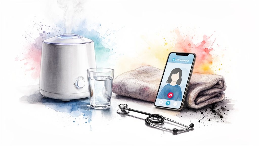 A humidifier, glass of water, smartphone with a telehealth call, blanket, and stethoscope for illness care.