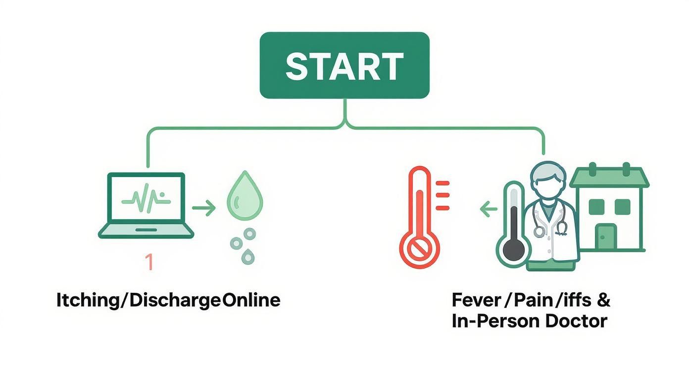 Flowchart showing two paths for medical consultation: online for itching/discharge, in-person for fever/pain.