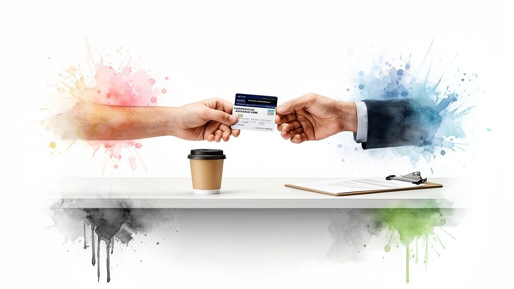 Two hands, one casual and one suited, exchange an insurance card over a desk with coffee.