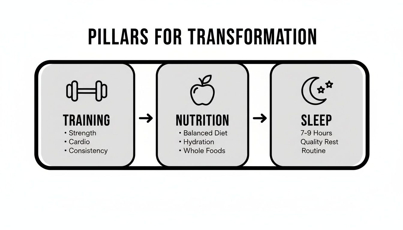 Infographic details three essential pillars for physical transformation: training, nutrition, and sleep.