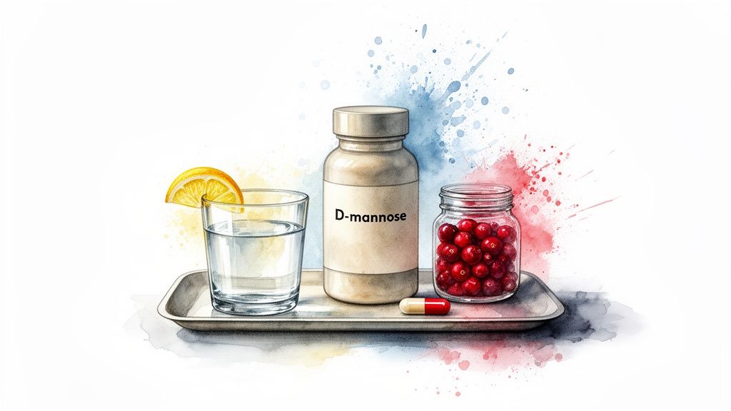 D-mannose supplement bottle, cranberries, water with lemon, and a capsule for UTI relief.