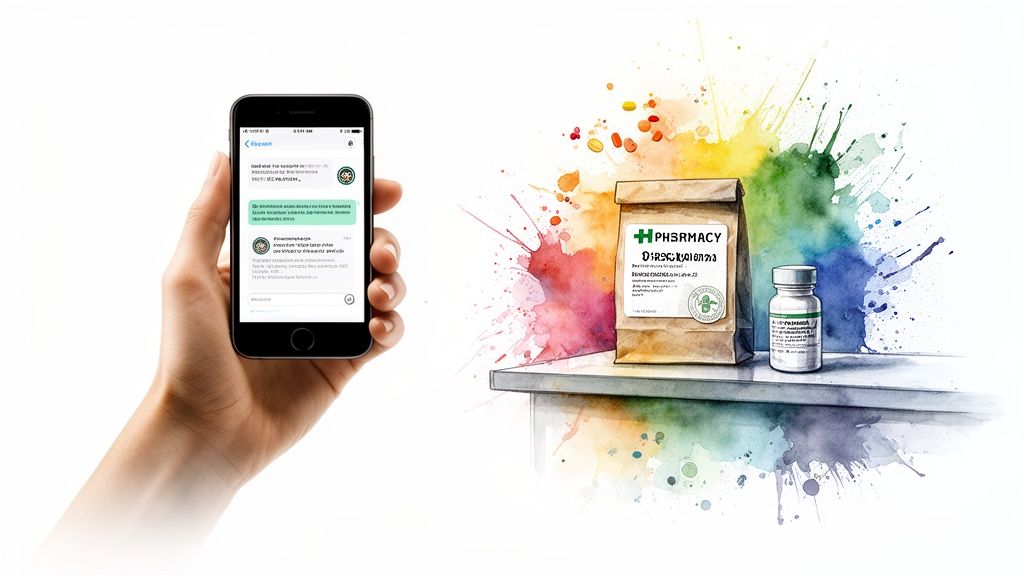 Hand holding a smartphone displaying a chat, next to a pharmacy bag, medicine bottle, and colorful splashes.