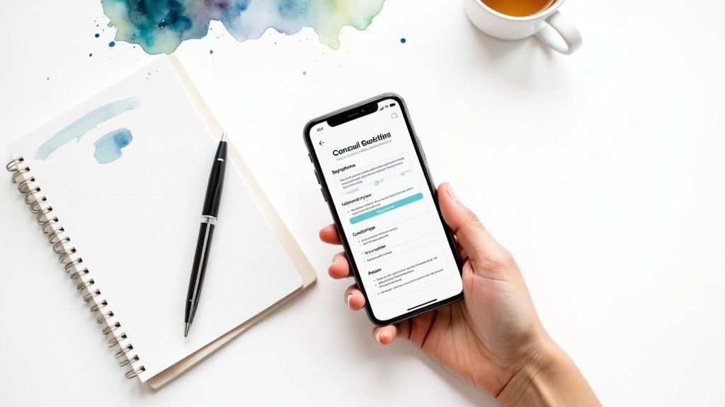 A person holds a smartphone displaying a health consultation app, next to a notebook, pen, and tea.