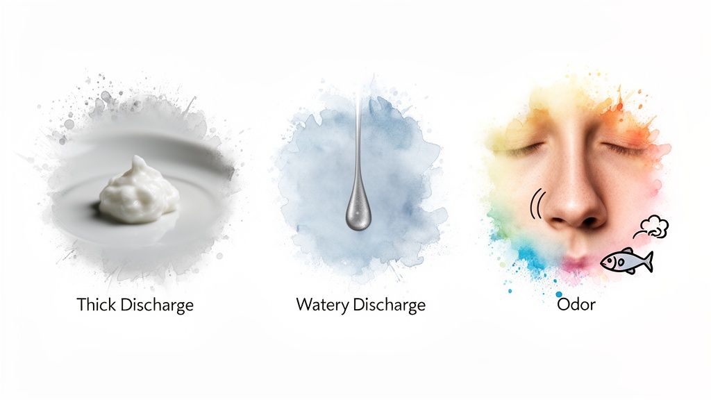 Illustrations showing three common vaginal symptoms: thick discharge, watery discharge, and odor.