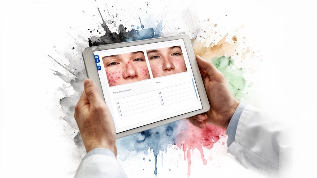 Hands holding a tablet displaying before and after images of a young person's acne treatment progress.