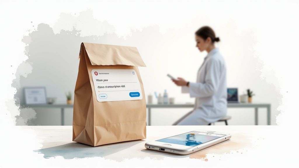 A brown paper bag with a prescription label and a smartphone on a table, with a blurred doctor in the background.