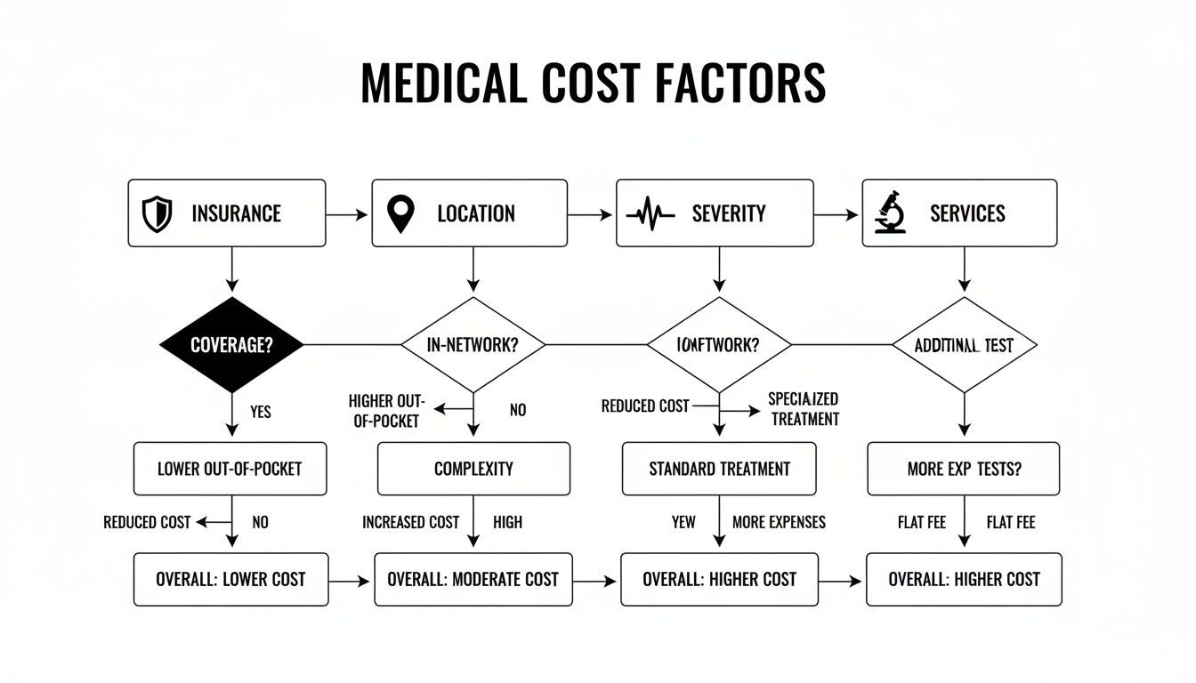 Flowchart illustrating medical cost factors including insurance, location, severity, and services, impacting overall cost.
