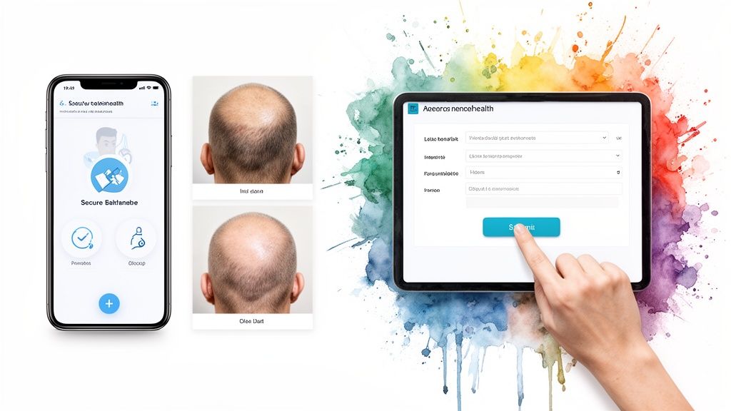 Mobile app and tablet showing online telehealth services for hair loss treatment, with patient images.