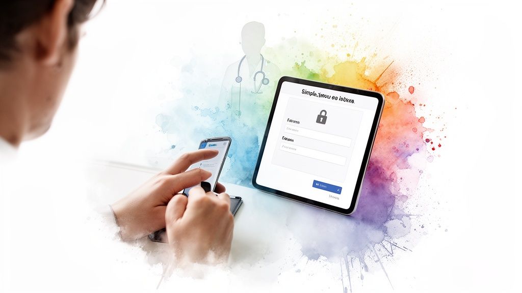 Person using smartphone and tablet for secure online medical access with doctor silhouette.