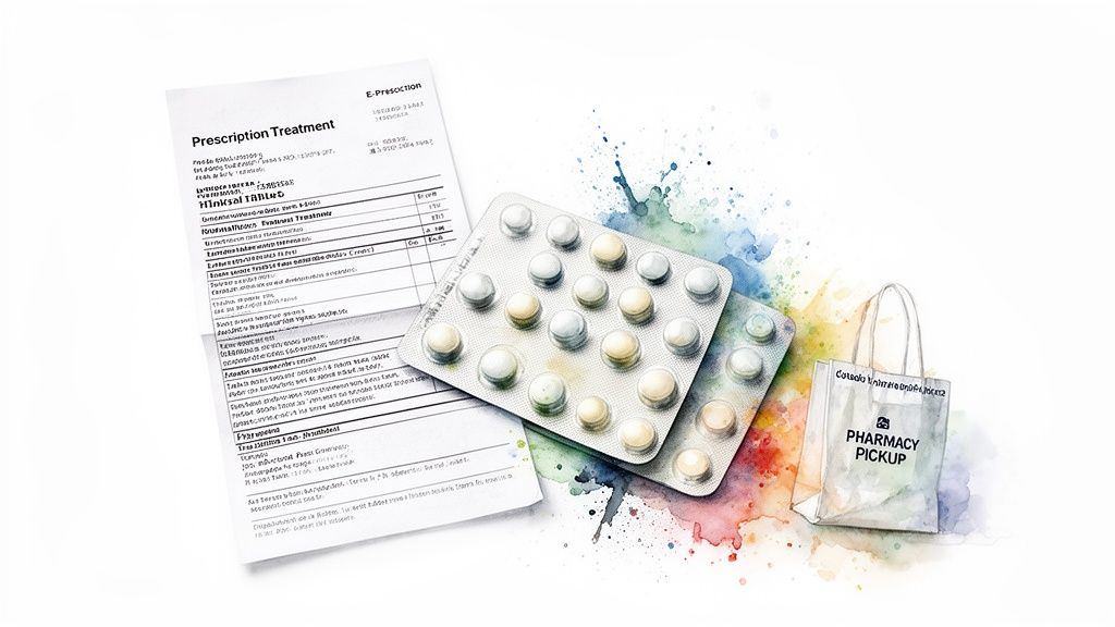 A prescription document, two blister packs of pills, and a pharmacy pickup bag on a watercolor background.