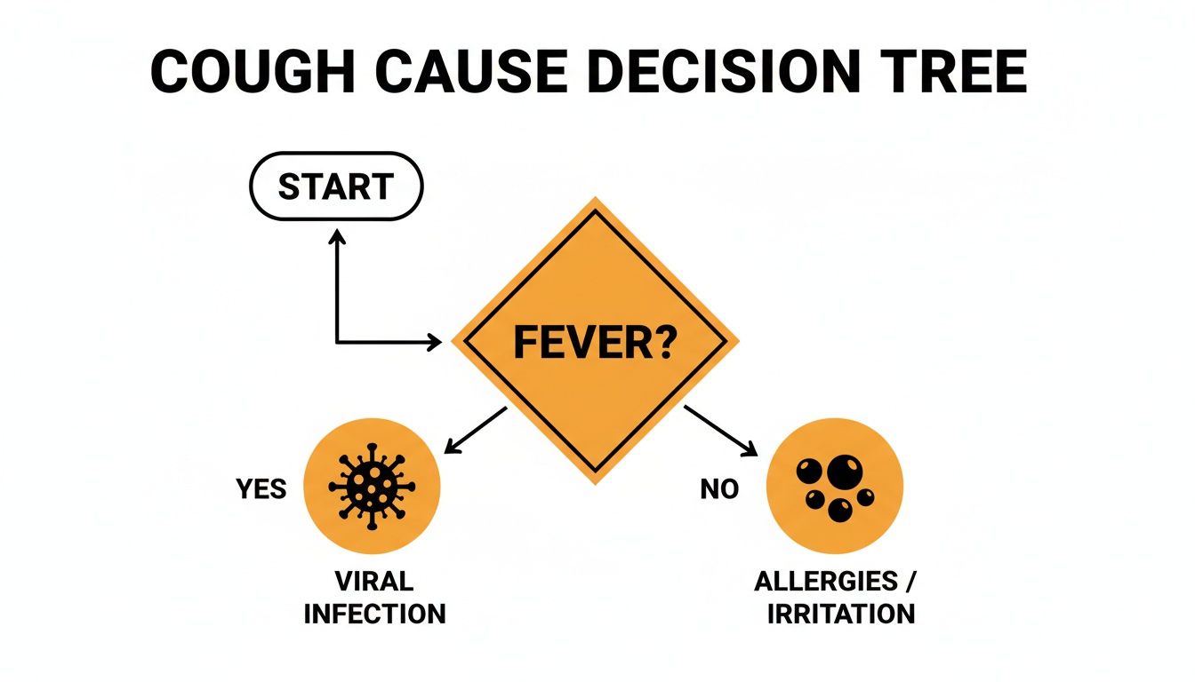 Decision tree diagram for cough causes: fever leads to viral infection, no fever to allergies/irritation.
