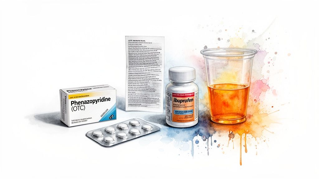 A collection of common over-the-counter medications, including Phenazopyridine and Ibuprofen, with a glass of liquid.