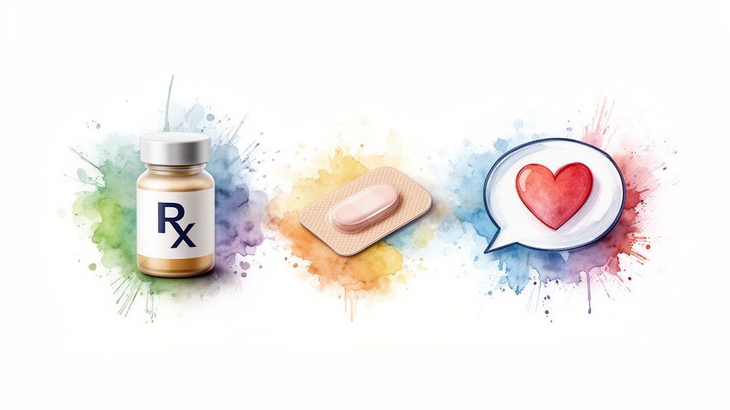 Medicine bottle with Rx, pill blister pack, and heart speech bubble on watercolor background, symbolizing online prescription services.