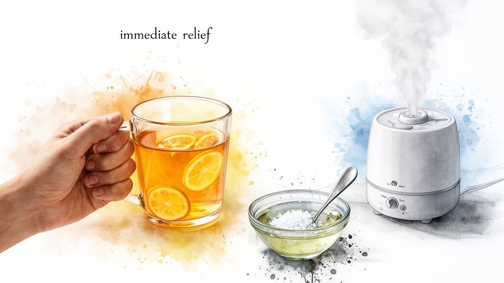 A hand holds hot lemon tea, next to a gargle solution and a steaming humidifier for immediate relief.