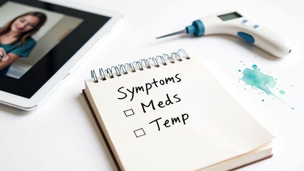 Tablet displaying online consultation, a notebook with symptoms, meds, temp checklist, and a digital thermometer.