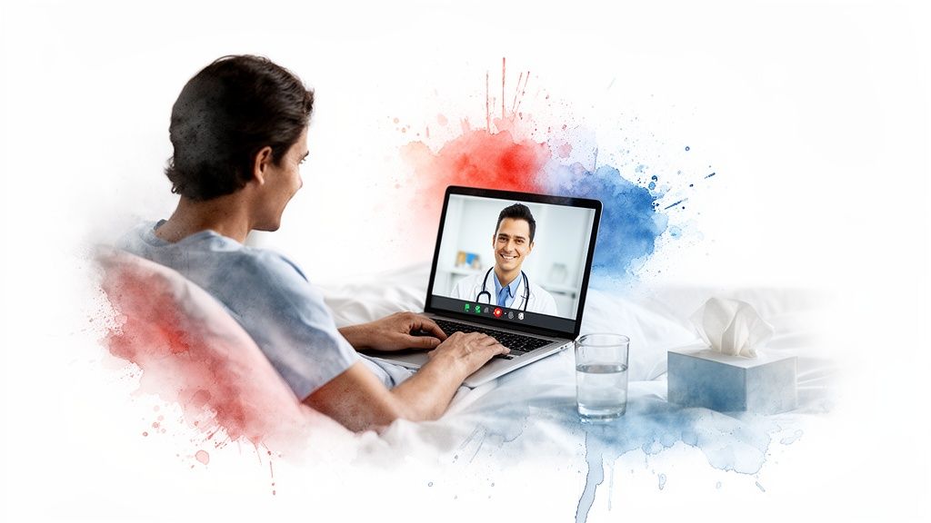 A man in bed on a video call with a doctor on his laptop, next to water and tissues, representing a telehealth appointment.