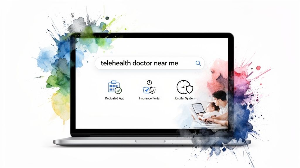 Laptop shows 'telehealth doctor near me' search options: dedicated app, insurance portal, hospital system.