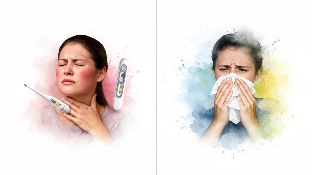 Two women displaying illness symptoms: one with fever and sore throat, another with a runny nose.