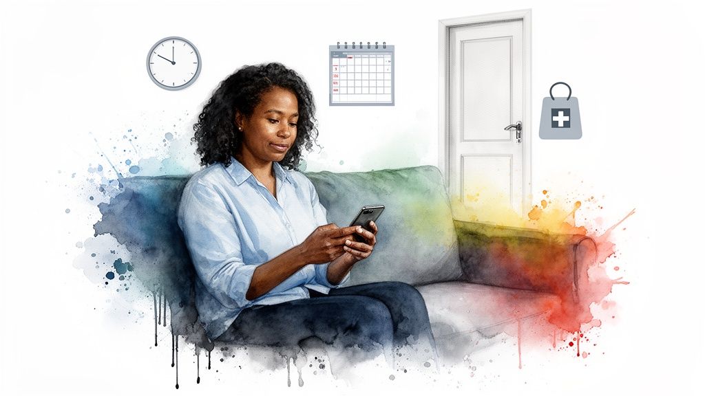 A woman on a sofa uses her smartphone, with medical icons like a clock, calendar, and bag in the background.