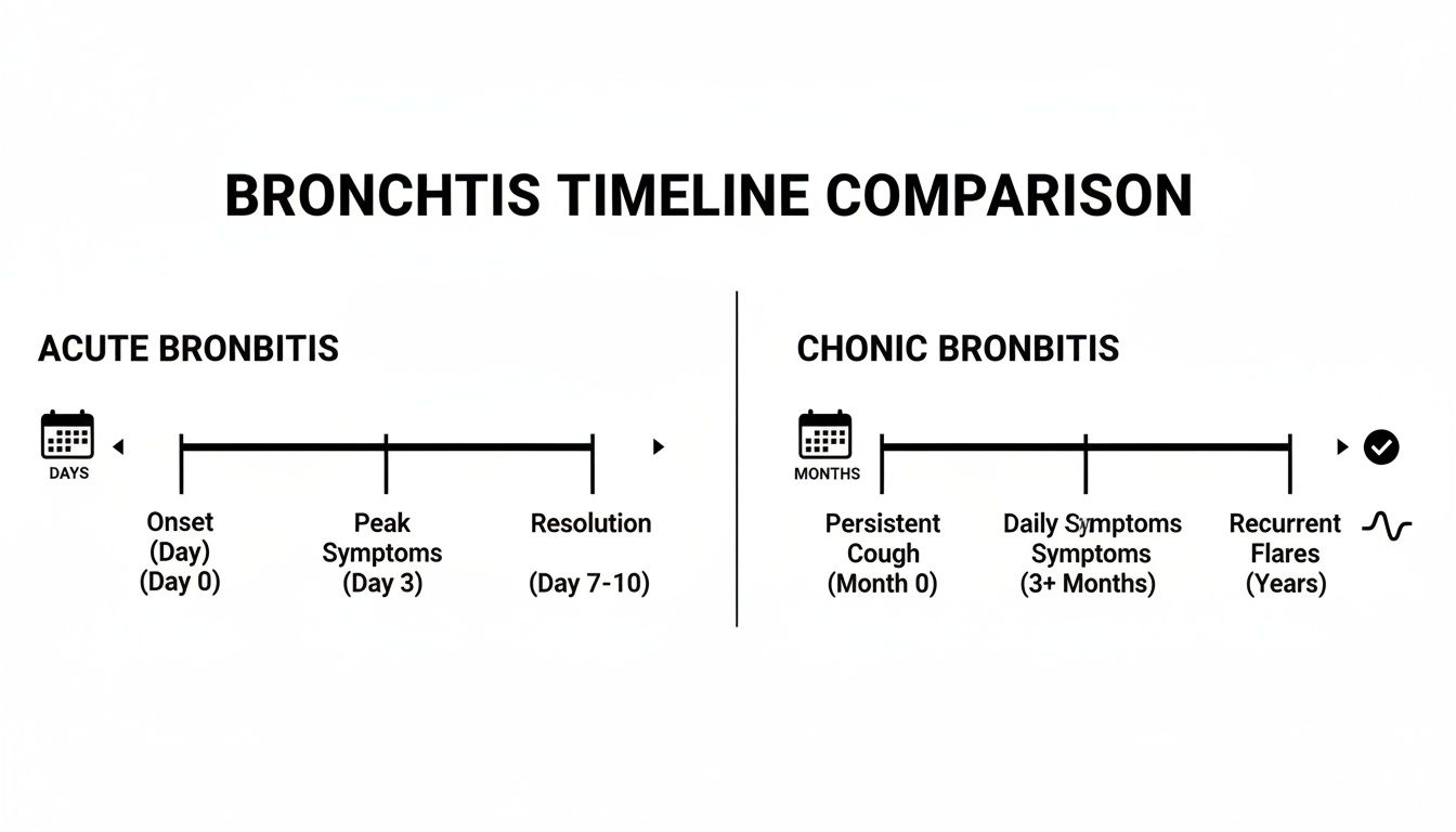 Timeline comparison illustrating acute bronchitis lasting days and chronic bronchitis with symptoms over months and years.