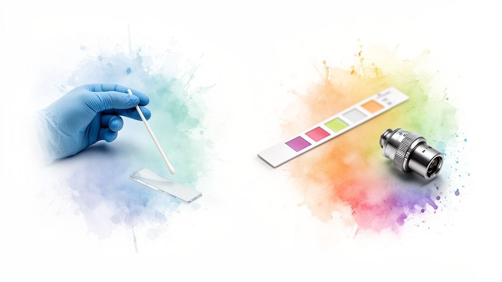 A gloved hand prepares a swab on a slide, next to a diagnostic test strip and a medical device.