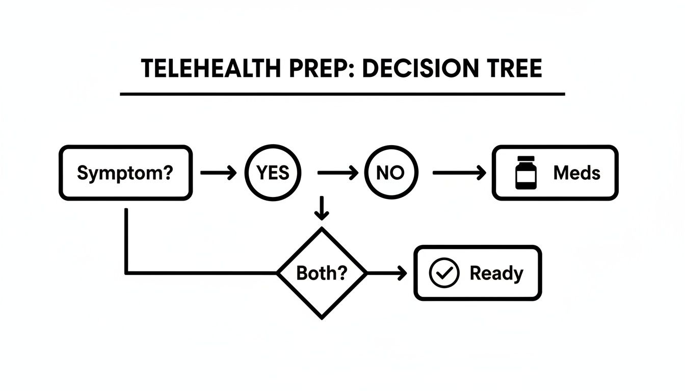 A flowchart titled 'Telehealth Prep: Decision Tree' showing steps for readiness.