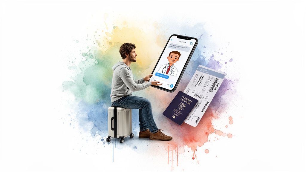 Man sitting on suitcase using smartphone for telehealth consultation with a doctor, next to passport and boarding pass.