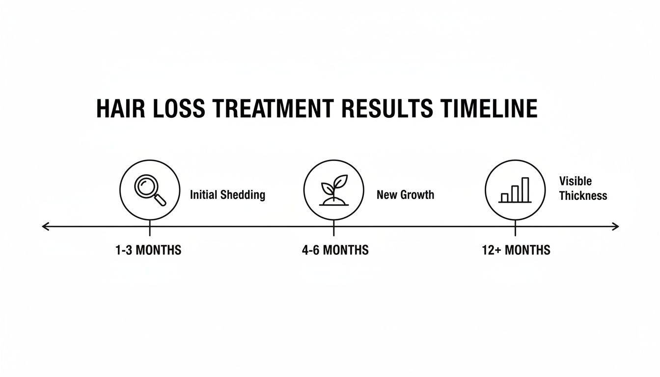 A timeline showing hair loss treatment results: initial shedding (1-3 months), new growth (4-6 months), and visible thickness (12+ months).