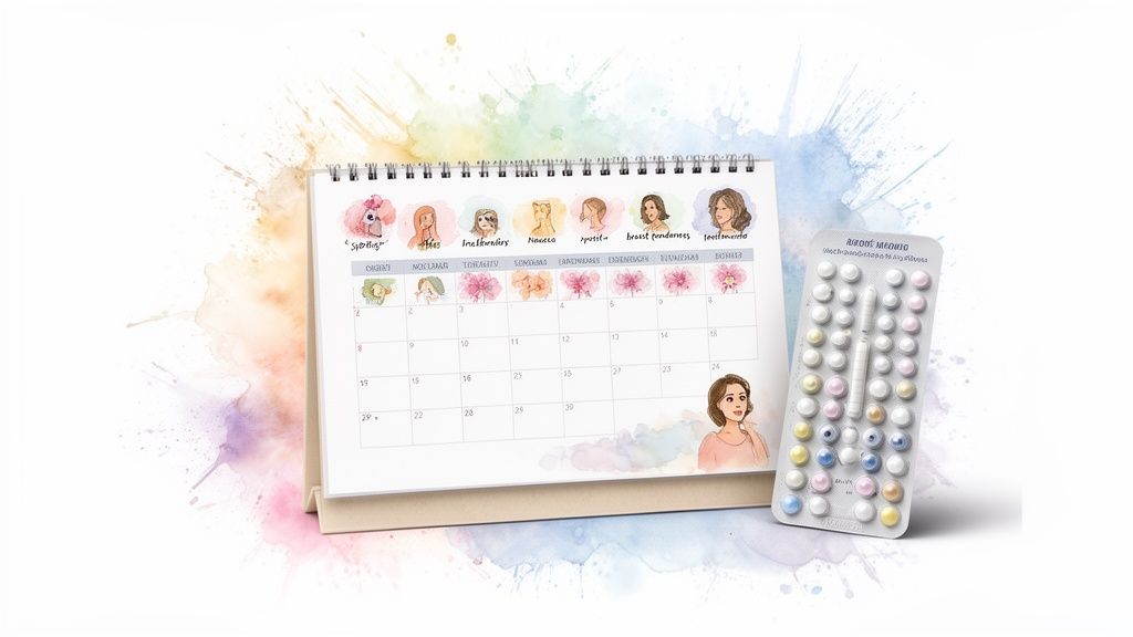 A colorful menstrual cycle tracking calendar showing various symptoms next to a birth control pill pack.