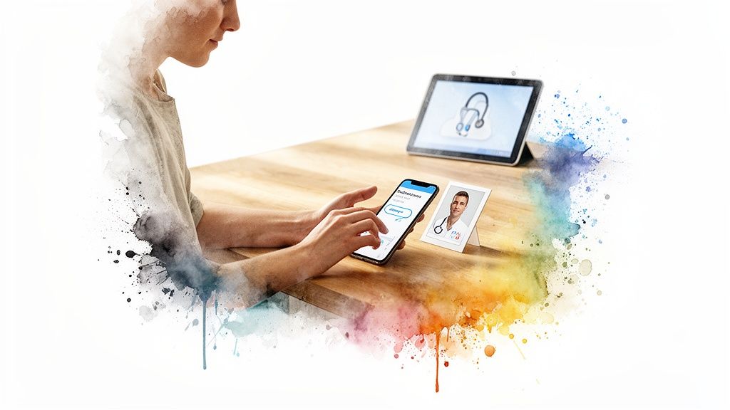 A person uses a smartphone for a telehealth visit with a doctor, surrounded by digital health devices and colorful watercolor splashes.