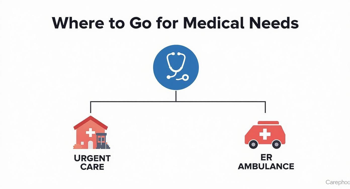 When to Go to Urgent Care A Clear Guide 2 Infographic illustrating where to go for medical needs, differentiating between urgent care and emergency room.