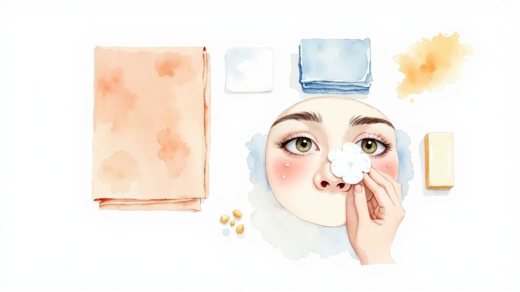 Watercolor illustration of a woman cleaning her nose with a cotton pad, surrounded by skincare items.