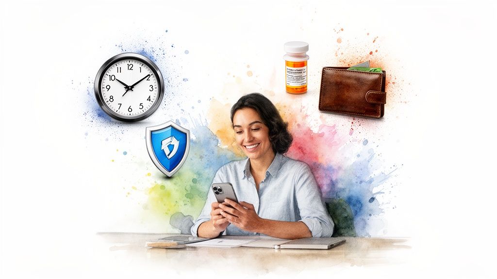 A person comfortably using a laptop at home to access online urgent care.