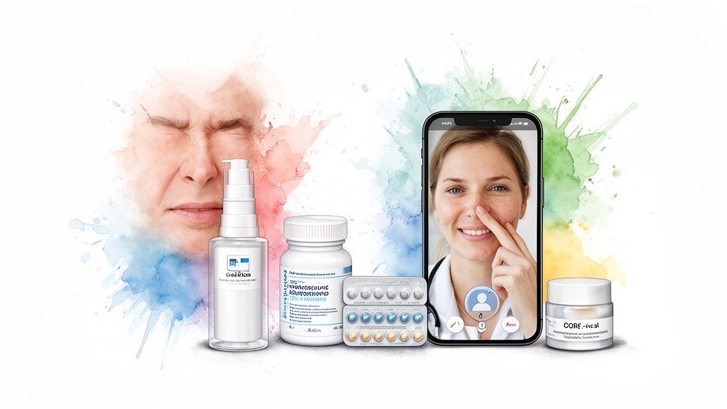A distressed face, medical products, and a woman smiling during an online doctor video call for health.
