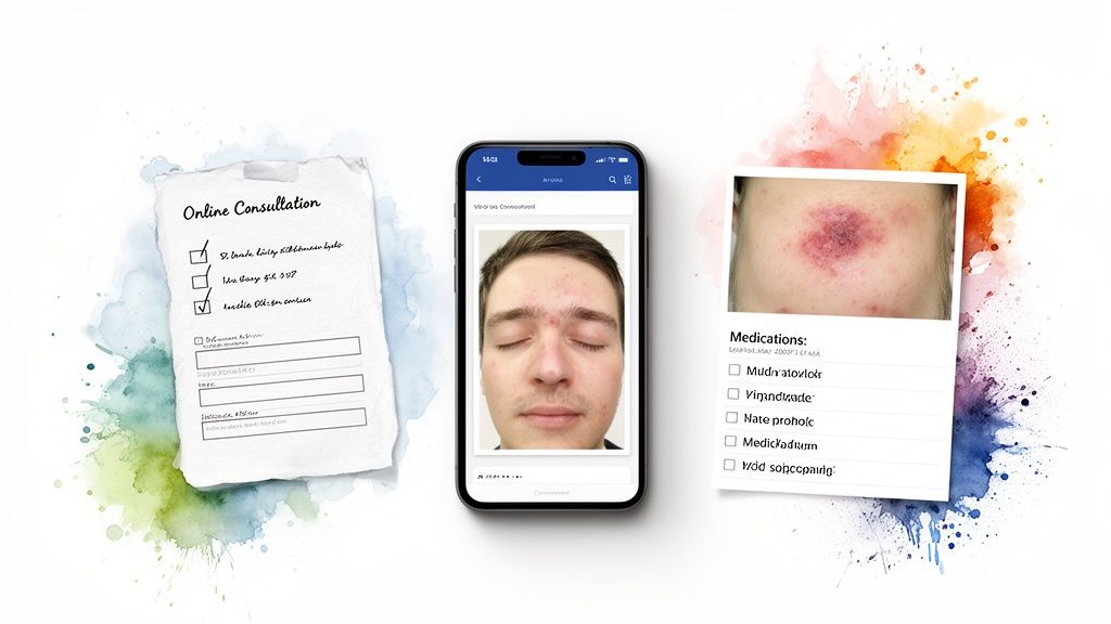 Online consultation form, smartphone displaying a patient's face with acne, and a medication list with a skin rash photo.