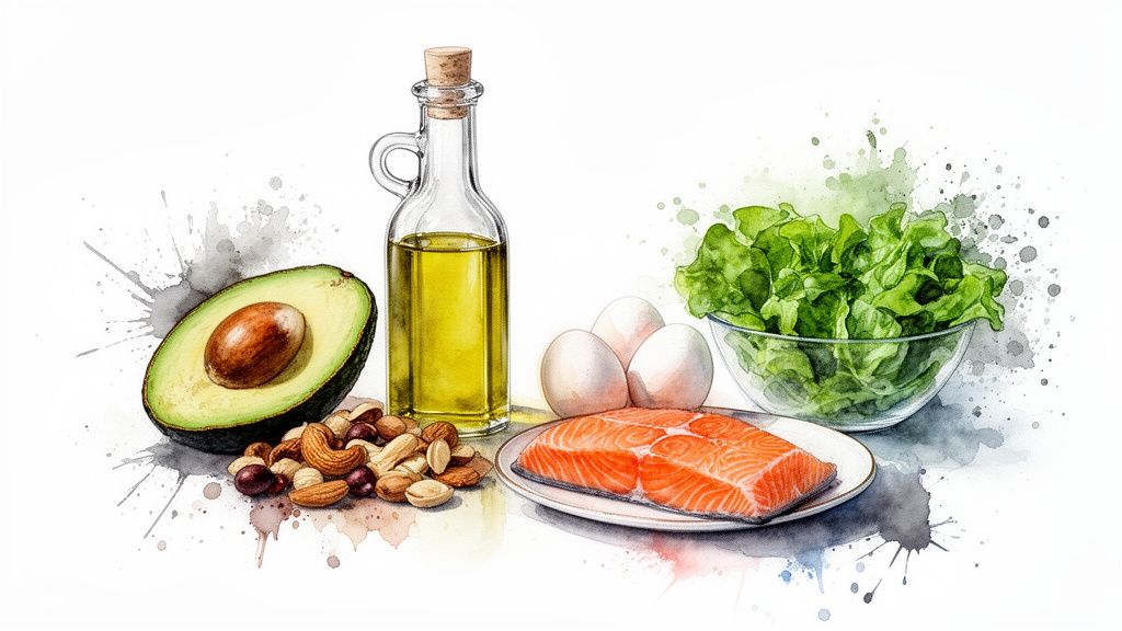 Watercolor illustration featuring healthy foods like avocado, salmon, nuts, olive oil, eggs, and leafy greens.