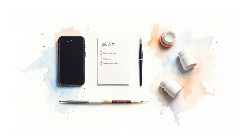 A flat lay of health and productivity items: phone, checklist, pens, cream, and pill bottles on watercolor background.