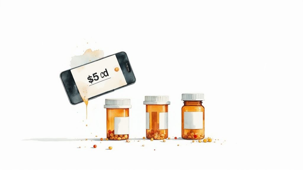 Watercolor illustration of a smartphone displaying '$5 cd' next to three pill bottles with spilled pills.
