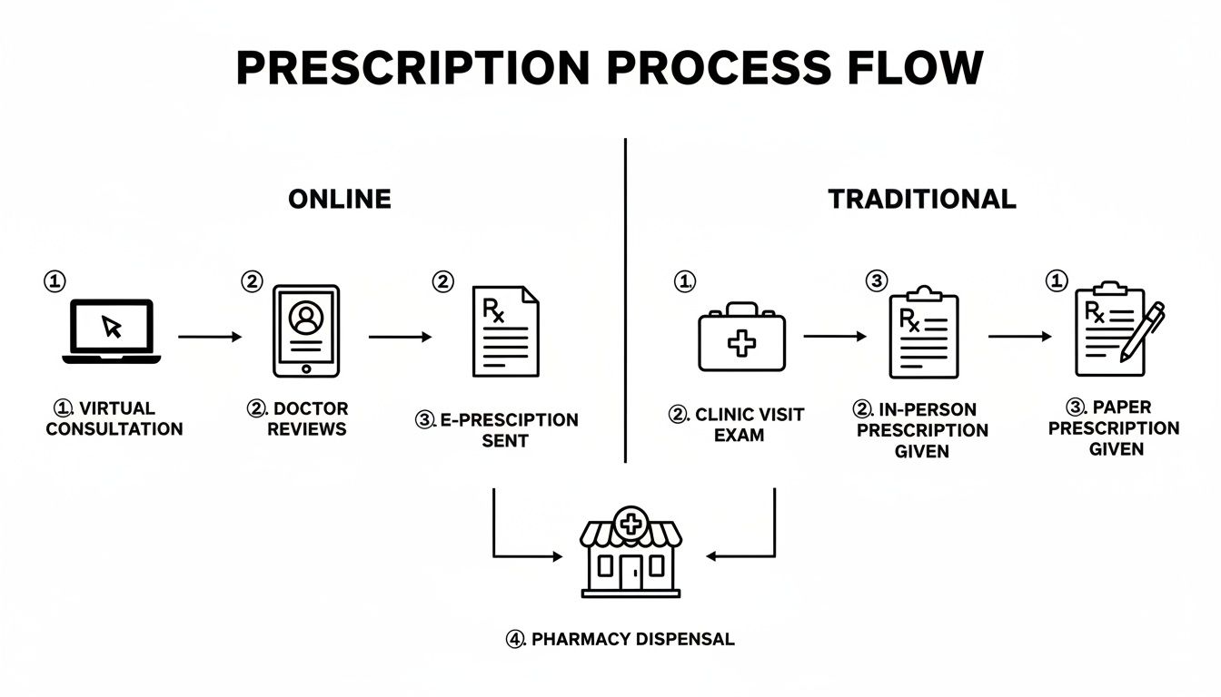 Flowchart illustrating online and traditional prescription processes from consultation to pharmacy dispersal.