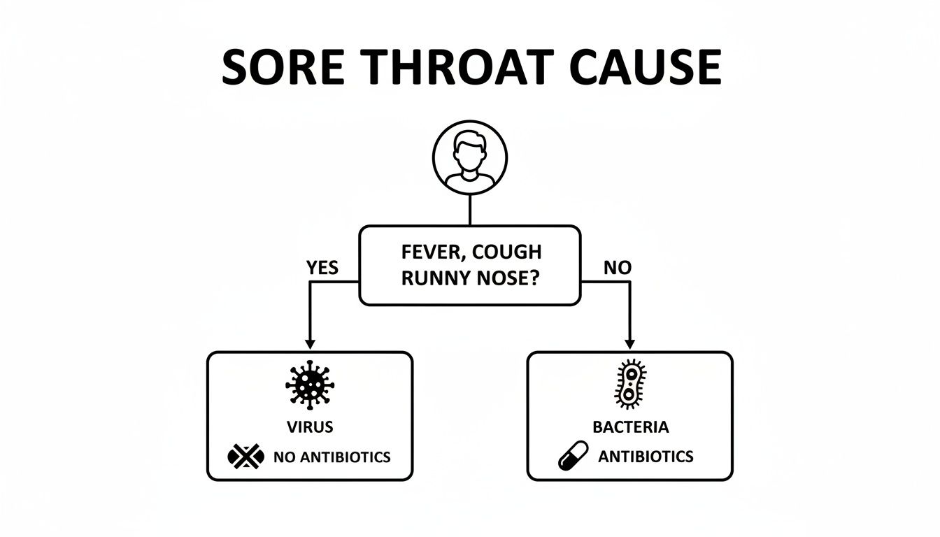 Flowchart illustrating sore throat causes, distinguishing between viral (no antibiotics) and bacterial (antibiotics) based on symptoms.